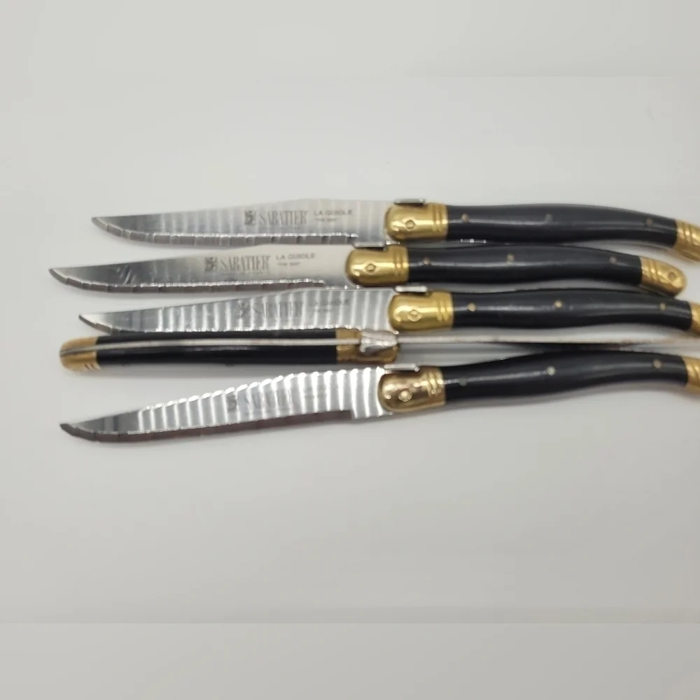 La Guiole Sabatier The Bee Black GOLD Serrated Steak Knives Set Of 5 - Vintage‌